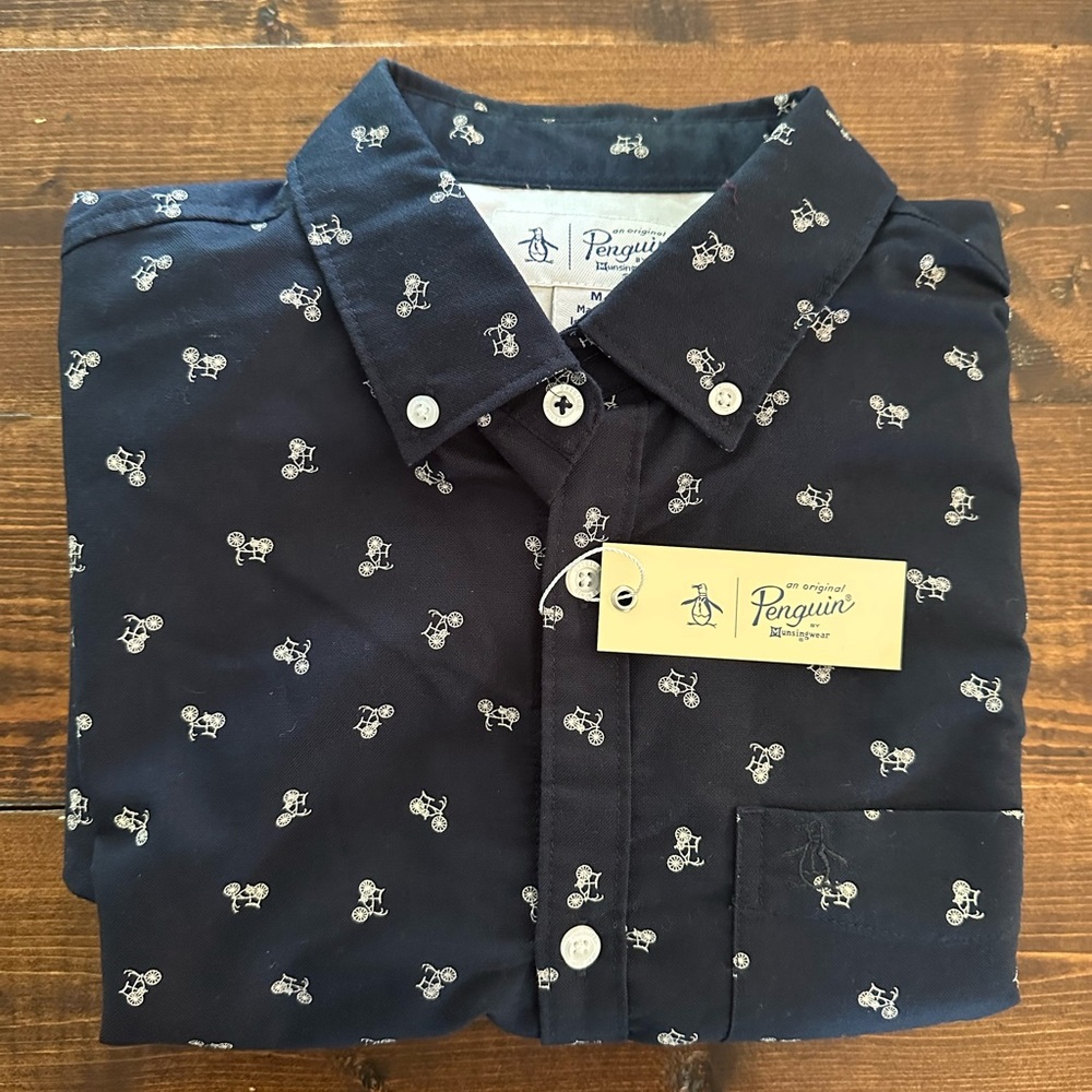 PENGUIN BY MUNSINGWEAR NEW! Navy Blue Bicycle Print L/S Buttoned Shirt Sz M